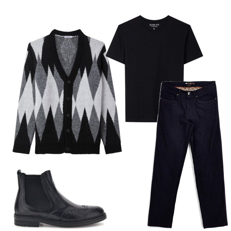 Outfit uomo - Total look #2484778. Stile Urban per Tutti i giorni. Abbinamento con cardigans, t-shirt, pantaloni, stivali e stivaletti.