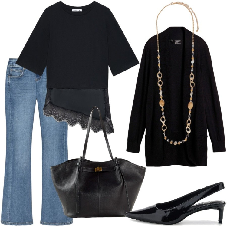 Outfit donna - Total look #2484779. Stile Casual chic per Tutti i giorni. Abbinamento con cardigans, shopping bag, jeans a zampa, t-shirt, collane, décolleté.