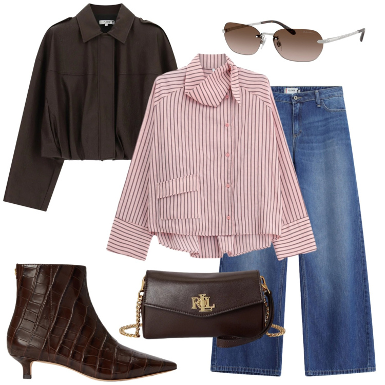 Outfit donna - Total look #2484780. Stile Casual chic per Ufficio. Abbinamento con camicie, stivaletti, portafogli, occhiali da sole, jeans, bomber.