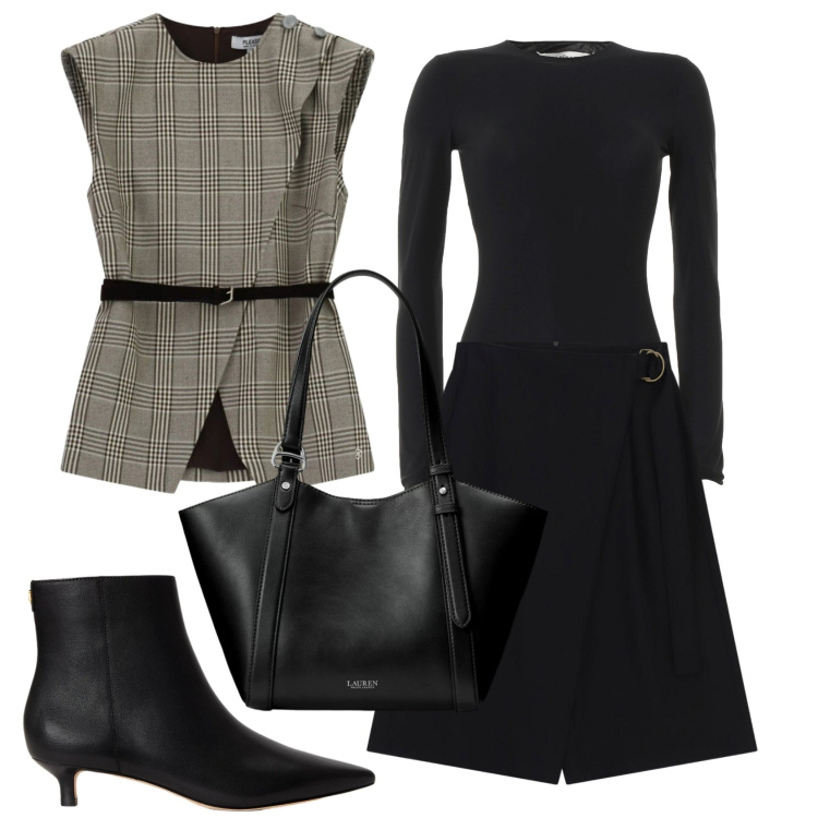 Outfit donna - Total look #2484783. Stile Preppy per Ufficio. Abbinamento con stivaletti, borse tote, gilet, bermuda, body.
