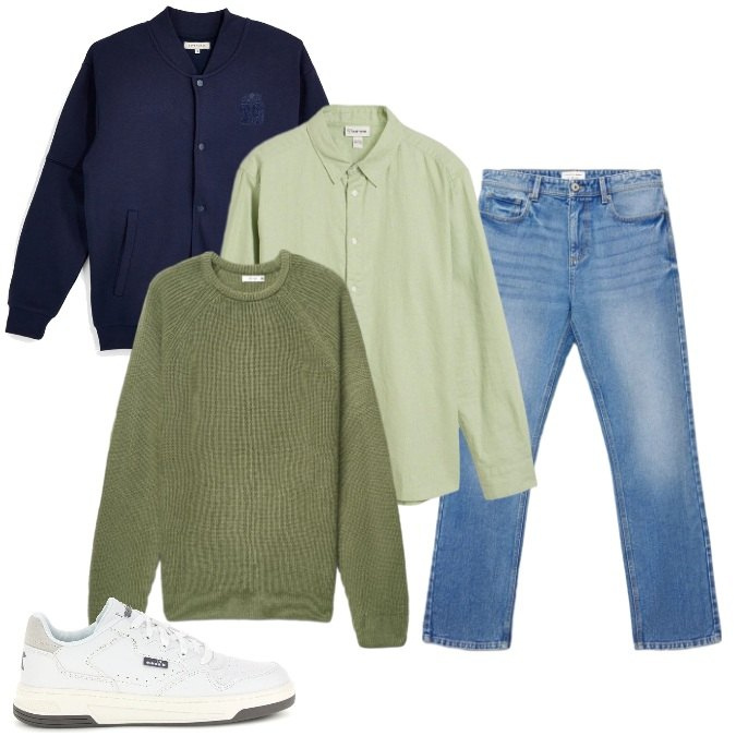 Outfit uomo - Pranzo Rilassato: Dettagli Blu e Salvia. Stile Casual per Tutti i giorni. Abbinamento con jeans dritti, maglieria, sneakers, camicie, bomber.
