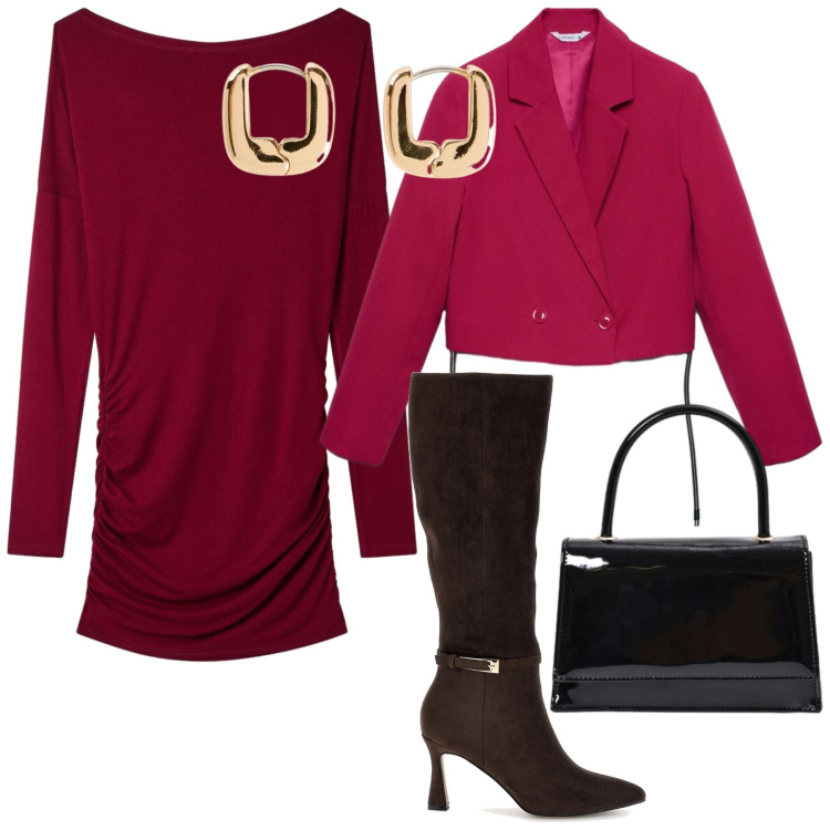 Outfit donna - Ottobre. Stile Trendy per Serata fuori. Abbinamento con orecchini, blazer, vestiti corti, borse a mano, stivali.