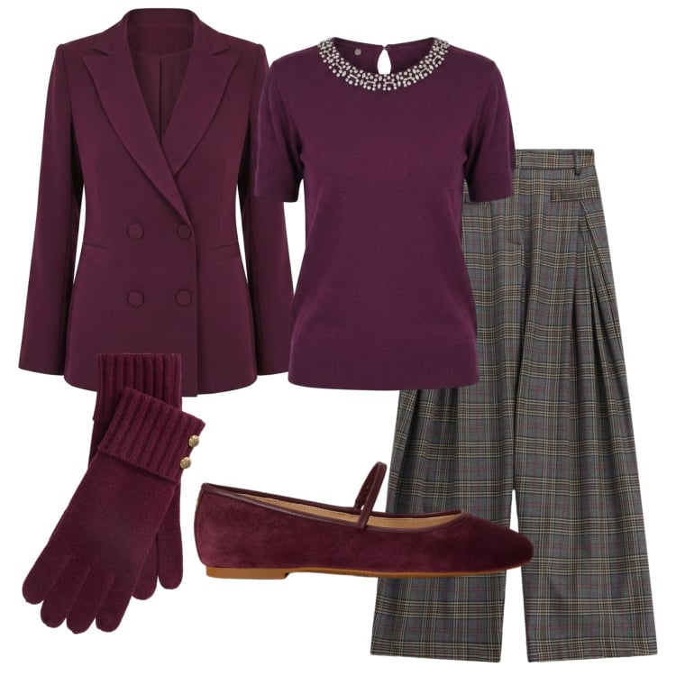 Outfit donna - Total look #2484789. Stile Preppy per Ufficio. Abbinamento con blazer, t-shirt, pantaloni a palazzo, ballerine, guanti.