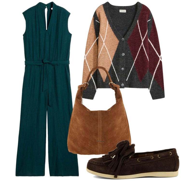 Outfit donna - Tuta e cardigan. Stile Basic per Tutti i giorni. Abbinamento con tute, cardigans, borse a spalla, mocassini.