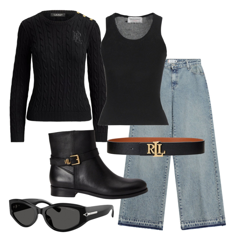 Outfit donna - Total look #2484793. Stile Casual per Tutti i giorni. Abbinamento con cinture, stivaletti, occhiali da sole, maglieria, jeans dritti, top.