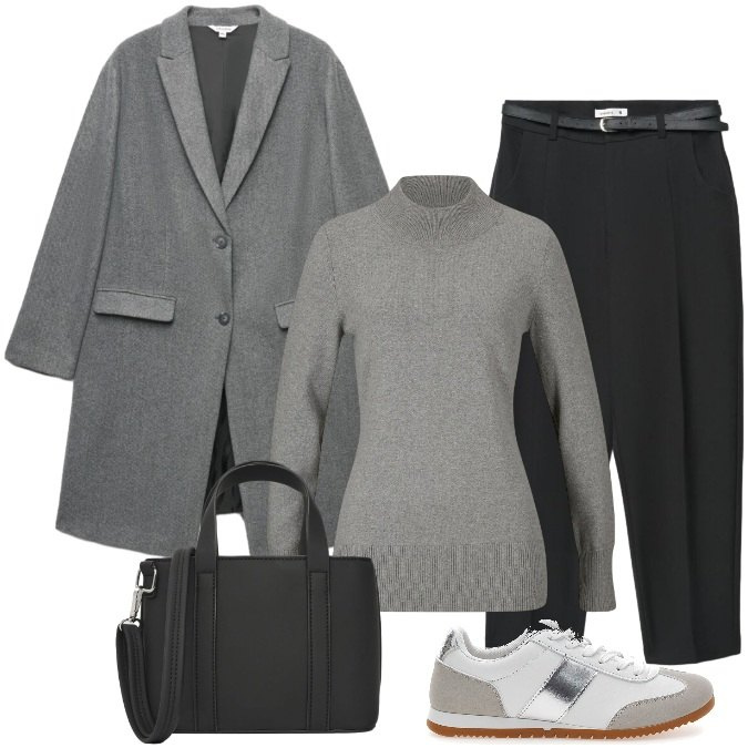Outfit donna - Look Contemporaneo per l'Ufficio. Stile Trendy per Ufficio. Abbinamento con cappotti, borse a tracolla, pantaloni chino, maglieria, sneakers.