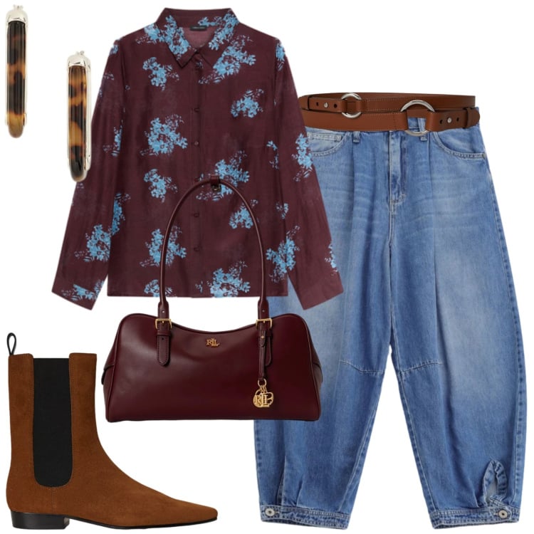 Outfit donna - Casual. Stile Casual per Tutti i giorni. Abbinamento con jeans, camicie, cinture, borse a mano, stivaletti chelsea, orecchini.