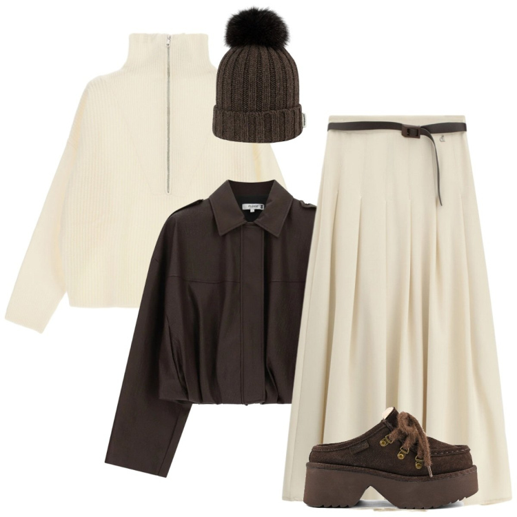 Outfit donna - Espresso Macchiato. Stile Basic per Tutti i giorni. Abbinamento con bomber, gonne lunghe, maglieria, berretti, sabot.