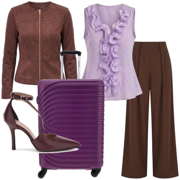 Outfit donna - Invito d\'autunno. Stile Casual per Cerimonia. Abbinamento con pantaloni a palazzo, camicie a manica corta, blazer, décolleté, valigie.