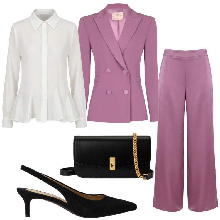 Outfit donna - Invito d\'autunno. Stile Casual per Cerimonia. Abbinamento con blazer, camicie, pantaloni a palazzo, décolleté, clutch.
