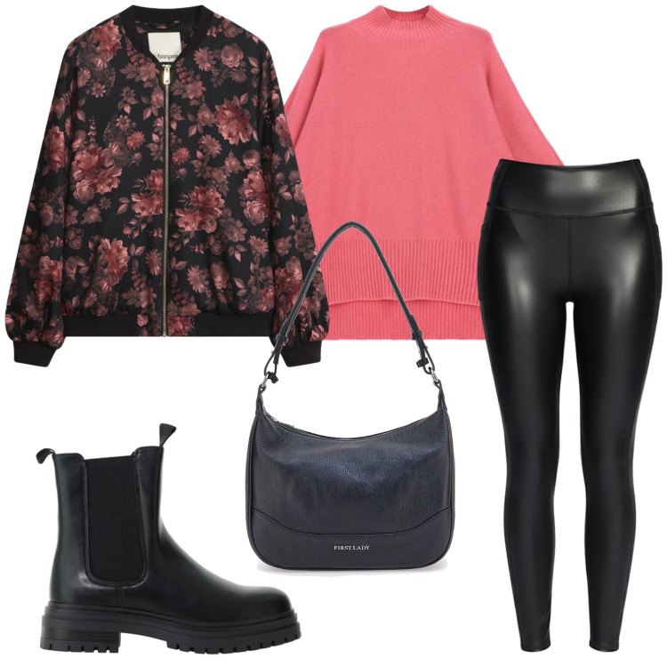 Outfit donna - Blooming style. Stile Casual per Tutti i giorni. Abbinamento con maglieria, stivaletti chelsea, bomber, borse a tracolla, leggings.