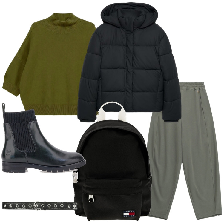 Outfit donna - Urban school. Stile Casual per Scuola/Università. Abbinamento con piumini, cinture, pantaloni, maglieria, stivaletti, zaini.
