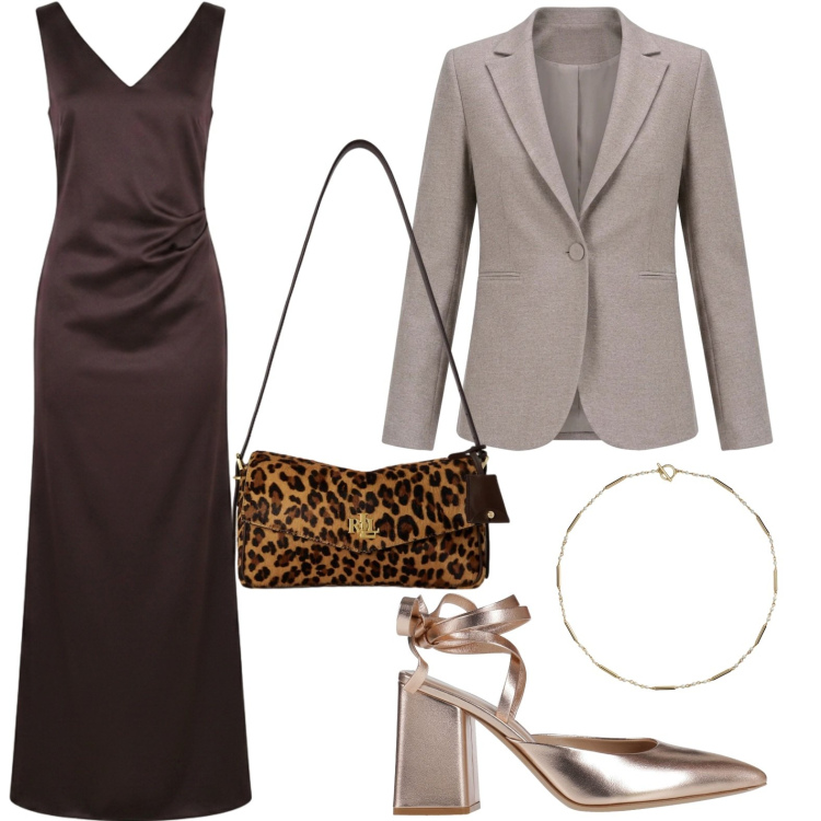 Outfit donna - Linee fluide. Stile Chic per Serata fuori. Abbinamento con collane, borse a spalla, vestiti lunghi, blazer, décolleté.