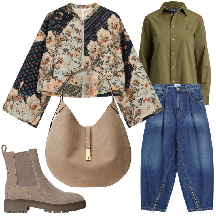 Outfit donna - Contesto urbano. Stile Casual per Tutti i giorni. Abbinamento con bomber, jeans, borse a spalla, stivaletti, camicie.