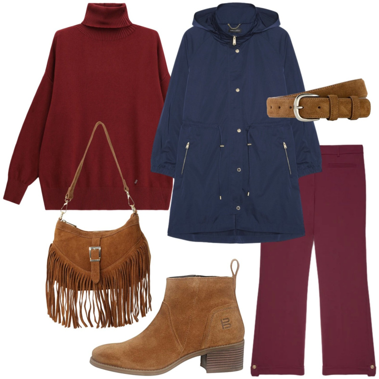 Outfit donna - Urban glam. Stile Basic per Tutti i giorni. Abbinamento con cinture, borse a spalla, pullovers, pantaloni, parka, stivaletti.