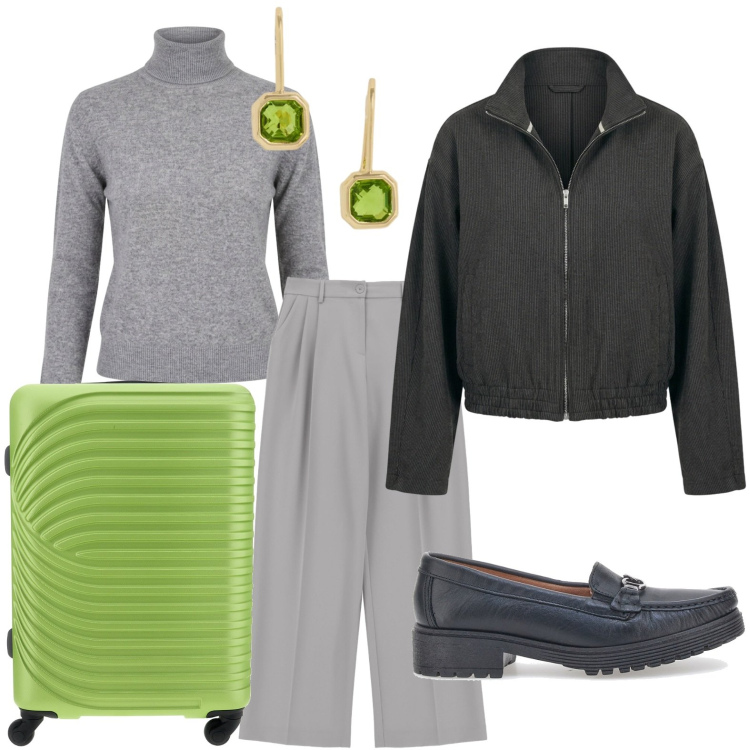 Outfit donna - Weekend comfy. Stile Casual per Tutti i giorni. Abbinamento con pantaloni a palazzo, orecchini, bomber, pullovers, mocassini, valigie.