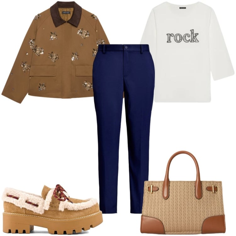 Outfit donna - Total look #2484844. Stile Casual per Tutti i giorni. Abbinamento con t-shirt, blazer, pantaloni, borse tote, mocassini.