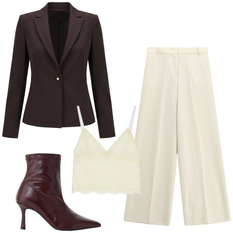 Outfit donna - Streetwear. Stile Urban per Tutti i giorni. Abbinamento con blazer, stivaletti, pantaloni a palazzo, top.