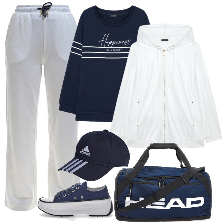 Outfit donna - Sportiva, nel tempo libero. Stile Sporty chic per Sport. Abbinamento con felpe con cappuccio, felpe, sneakers alte, pantaloni, borse sportive, cappelli con visiera.