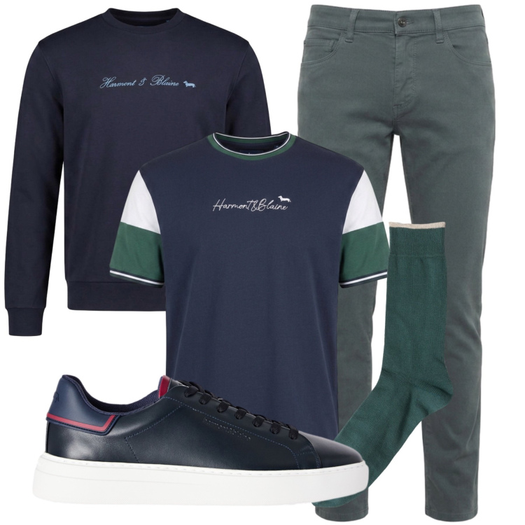 Outfit uomo - The New Everyday - Harmont & Blaine. Stile Casual per Tutti i giorni. Abbinamento con sneakers, jeans slim fit, t-shirt, calzini, felpe.