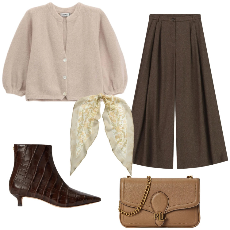 Outfit donna - Dall' ufficio all' aperitivo. Stile Chic per Serata fuori. Abbinamento con pantaloni a palazzo, foulard, borse a tracolla, stivaletti, cardigans.