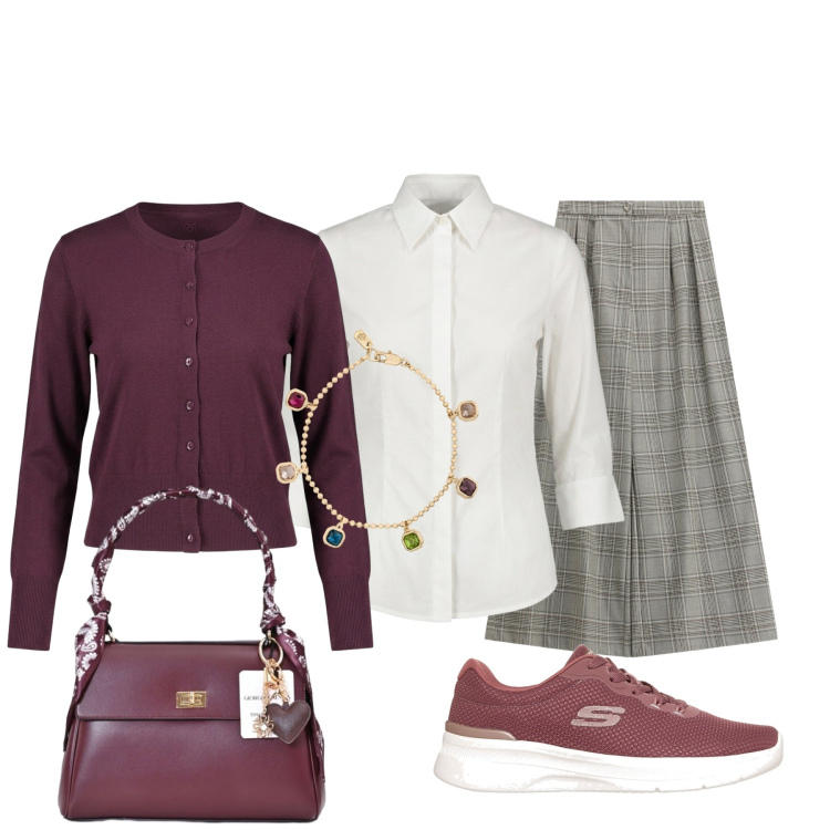 Outfit donna - In ufficio. Stile Casual chic per Ufficio. Abbinamento con camicie, cardigans, borse a mano, pantaloni a palazzo, braccialetti, sneakers.