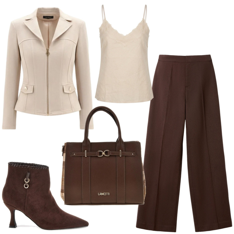 Outfit donna - Panna e cioccolato combo chic. Stile Chic per Tutti i giorni. Abbinamento con pantaloni, blazer, top, stivaletti, shopping bag.