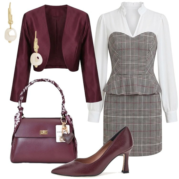 Outfit donna - Invito d'autunno. Stile Bon Ton per Cerimonia. Abbinamento con orecchini, vestiti corti, blazer, borse a mano, décolleté.