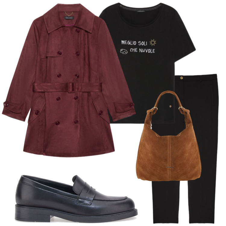 Outfit donna - Fiorella Rubino. Stile Urban per Ufficio. Abbinamento con borse a spalla, pantaloni, trench, t-shirt, mocassini.
