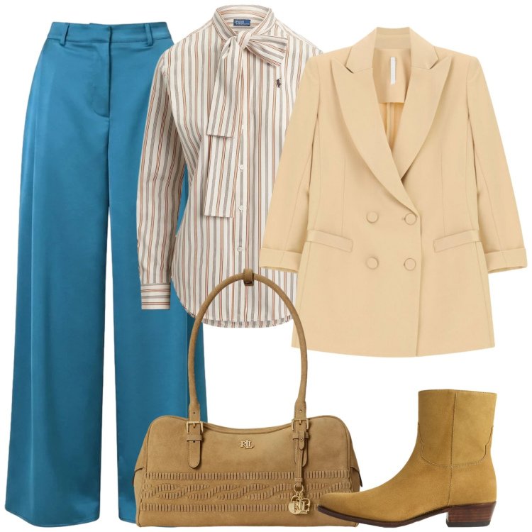 Outfit donna - Il giusto mood. Stile Trendy per Serata fuori. Abbinamento con pantaloni a palazzo, blazer, camicie, borse a spalla, stivaletti.