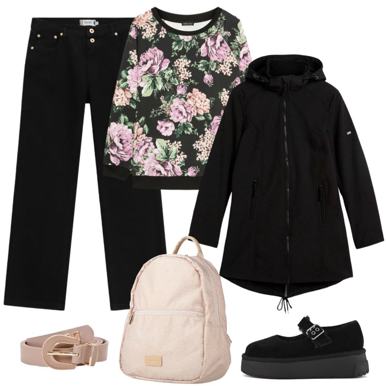 Outfit donna - Nero e floreale per la città. Stile Urban per Tutti i giorni. Abbinamento con zaini, parka, cinture, pantaloni, felpe, décolleté.