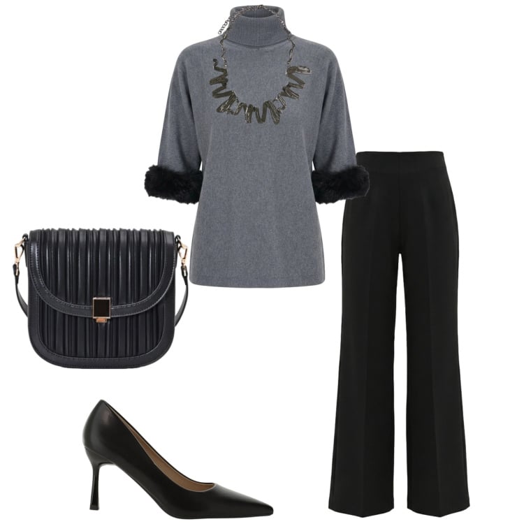 Outfit donna - Serata fuori. Stile Casual chic per Serata fuori. Abbinamento con pantaloni, maglieria, borse a tracolla, décolleté, ciondoli.