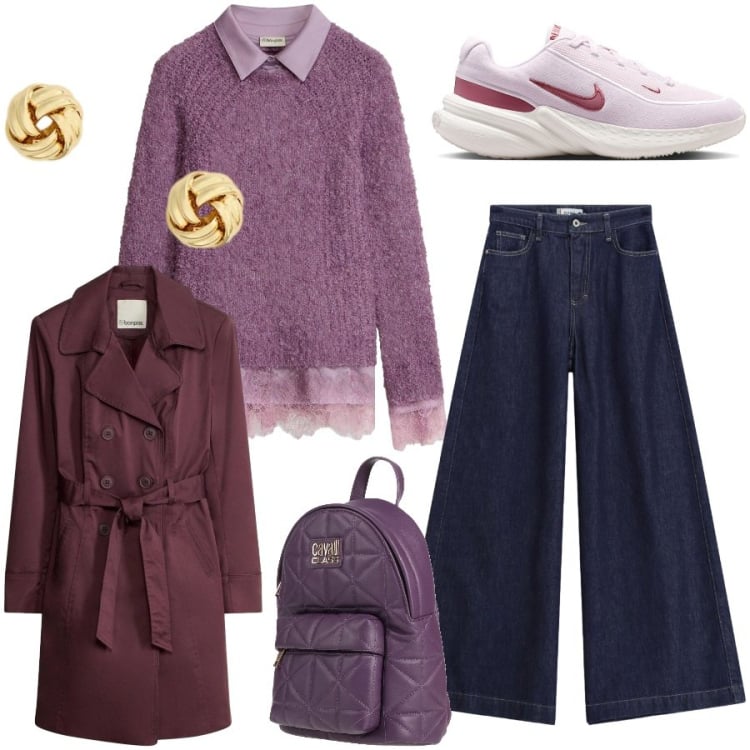 Outfit donna - Total look #2484874. Stile Casual chic per Tutti i giorni. Abbinamento con zaini, maglieria, trench, jeans, orecchini, sneakers.