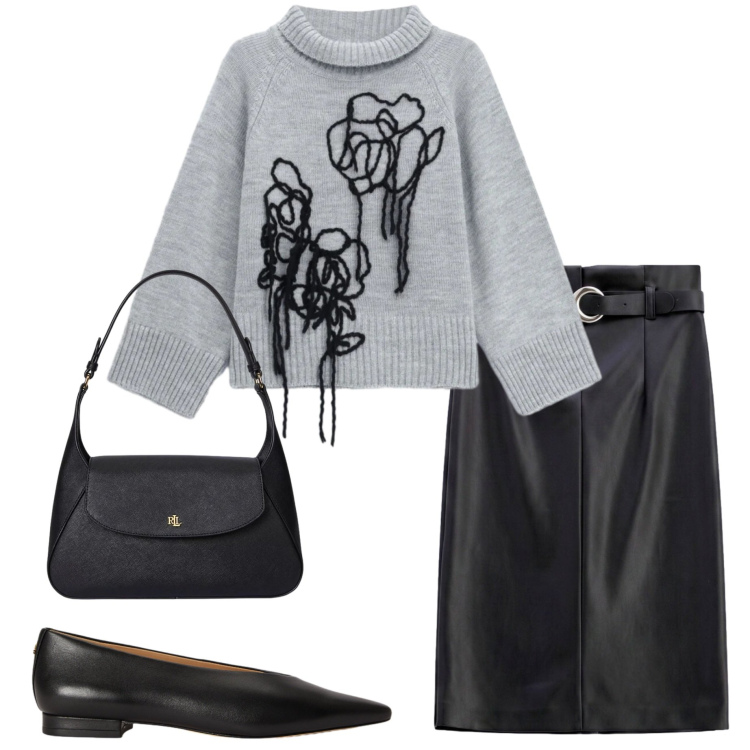 Outfit donna - Ottobre. Stile Casual chic per Ufficio. Abbinamento con gonne longuette, pullovers, borse a spalla, ballerine.