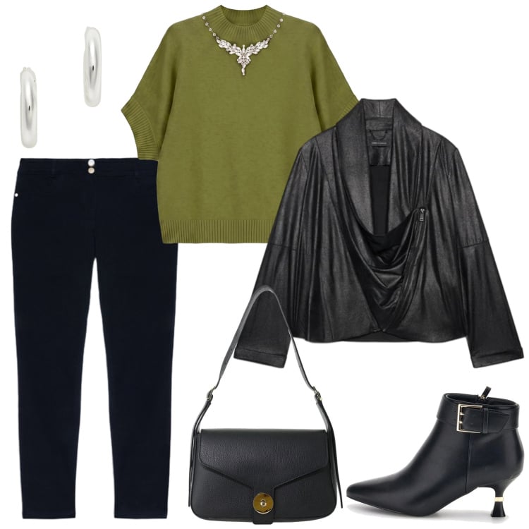 Outfit donna - Trendy per una serata fuori. Stile Trendy per Serata fuori. Abbinamento con maglieria, borse a spalla, jeans skinny, blazer, orecchini, stivaletti.