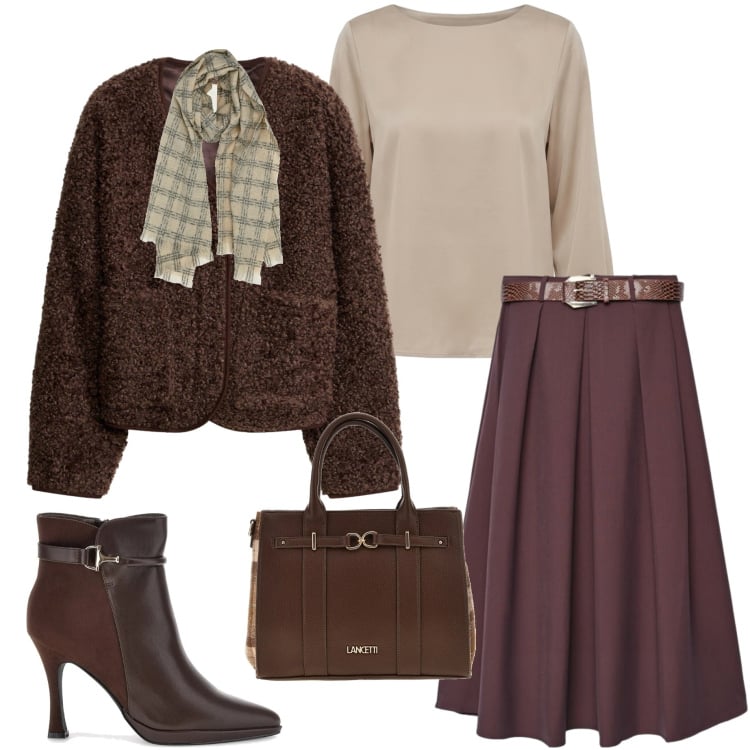 Outfit donna - Ottobre in città. Stile Urban per Tutti i giorni. Abbinamento con blazer, gonne lunghe, bluse, sciarpe, stivaletti, shopping bag.