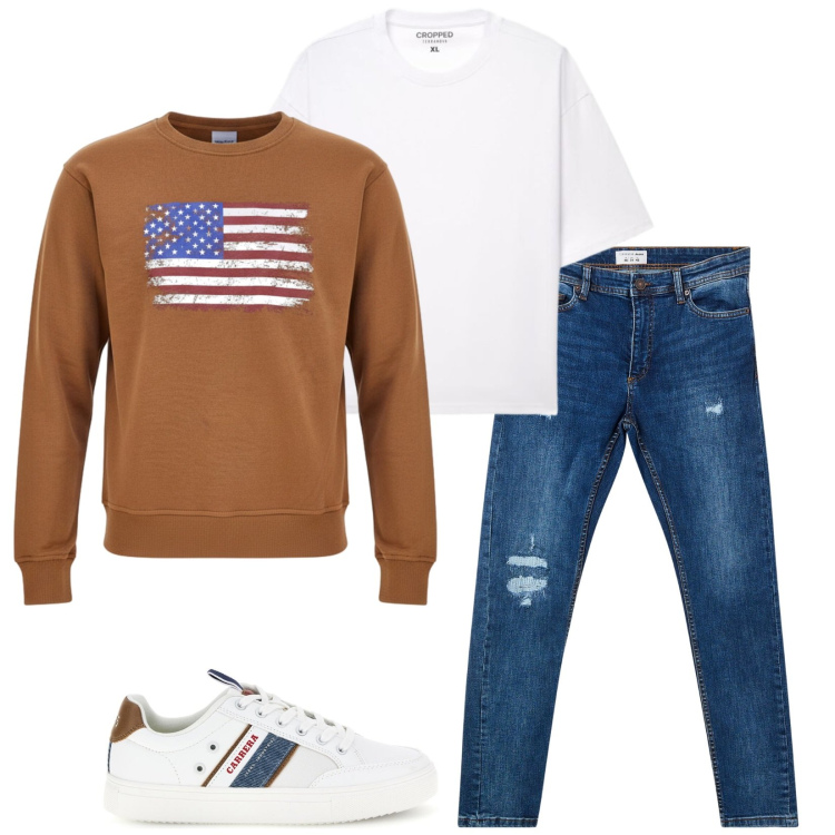 Outfit uomo - Al pub. Stile Casual per Tutti i giorni. Abbinamento con jeans strappati, t-shirt, felpe, sneakers.