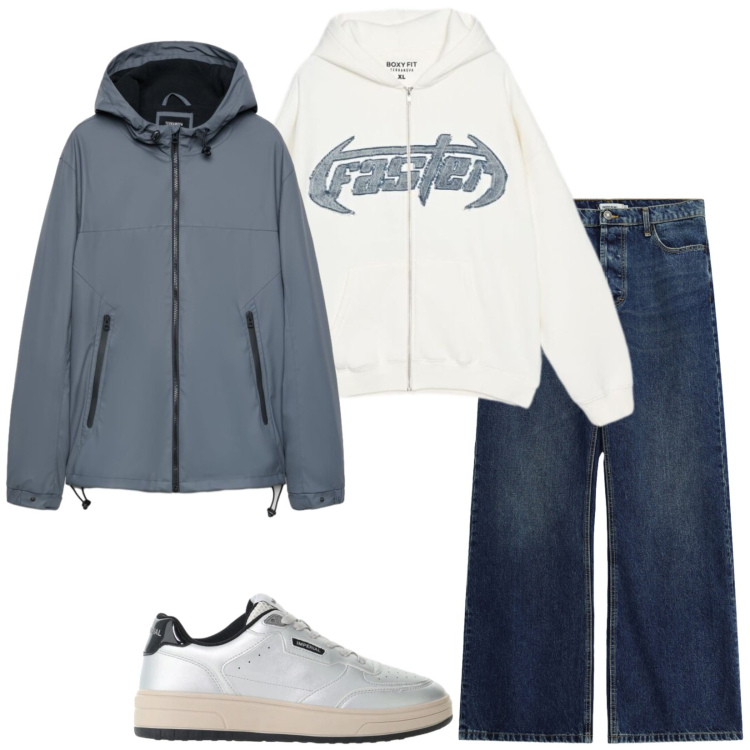 Outfit uomo - Colazione al bar. Stile Casual per Tutti i giorni. Abbinamento con sneakers, jeans, felpe con cappuccio, giacche.