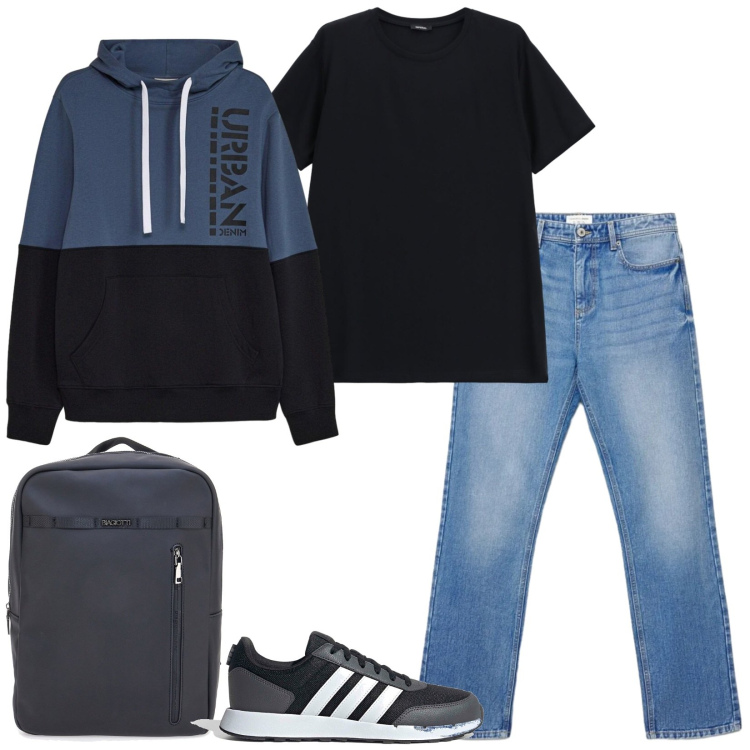 Outfit uomo - A scuola. Stile Casual per Tutti i giorni. Abbinamento con t-shirt, jeans dritti, borse sportive, sneakers, felpe con cappuccio.