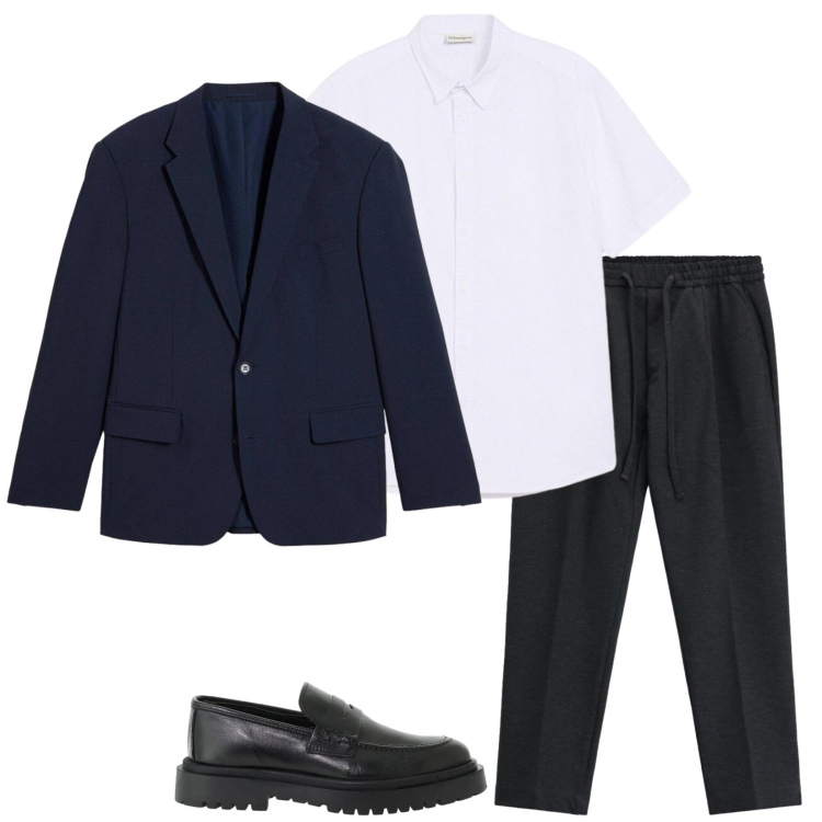 Outfit uomo - @work. Stile Business/Elegante per Ufficio. Abbinamento con pantaloni, scarpe stringate, giacche, camicie a manica corta.