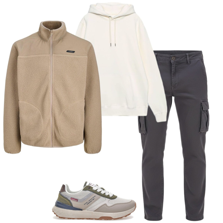 Outfit uomo - Papà sprint. Stile Casual per Tutti i giorni. Abbinamento con felpe con cappuccio, pantaloni cargo, sneakers, giacche.