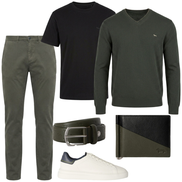 Outfit uomo - Total look #2484901. Stile Casual per Ufficio. Abbinamento con sneakers, pantaloni, t-shirt, cinture, portafogli, maglieria.