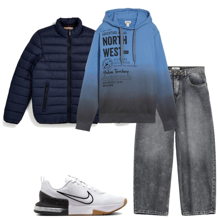 Outfit uomo - Teens in town. Stile Casual per Tutti i giorni. Abbinamento con jeans, felpe con cappuccio, sneakers, piumini.
