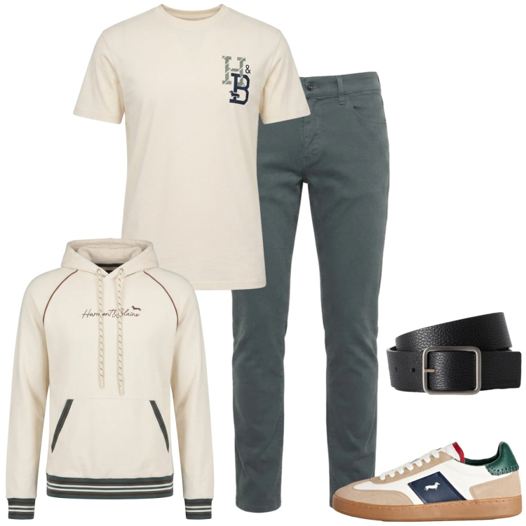 Outfit uomo - Dinamico. Stile Trendy per Tutti i giorni. Abbinamento con cinture, jeans slim fit, felpe con cappuccio, t-shirt, sneakers.