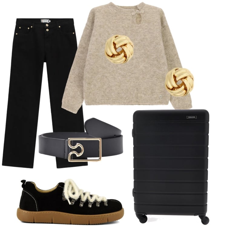 Outfit donna - Amica arrivo!. Stile Casual per Tutti i giorni. Abbinamento con cinture, pantaloni, maglieria, orecchini, sneakers, valigie.