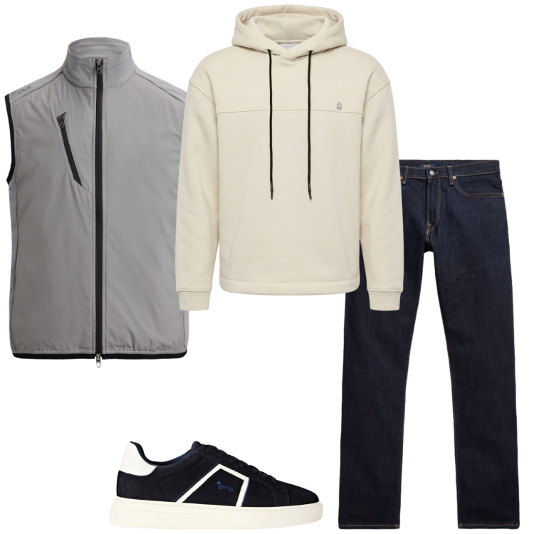 Outfit uomo - La felpa che gli ruberei. Stile Casual per Cerimonia. Abbinamento con felpe con cappuccio, sneakers, jeans, gilet.