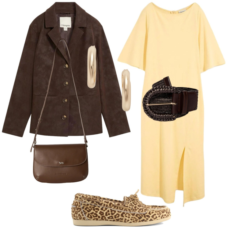 Outfit donna - Pranzo in campagna. Stile Casual per Tutti i giorni. Abbinamento con vestiti, blazer, borse a tracolla, cinture, orecchini, mocassini.