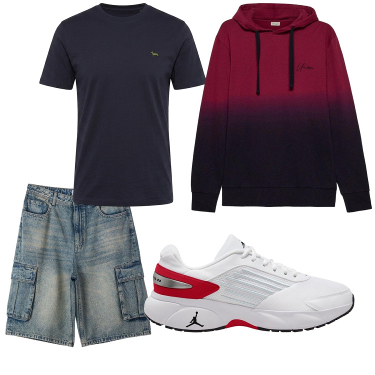 Outfit uomo - Weekend. Stile Casual per Tutti i giorni. Abbinamento con t-shirt, pantaloni corti, felpe con cappuccio, sneakers.