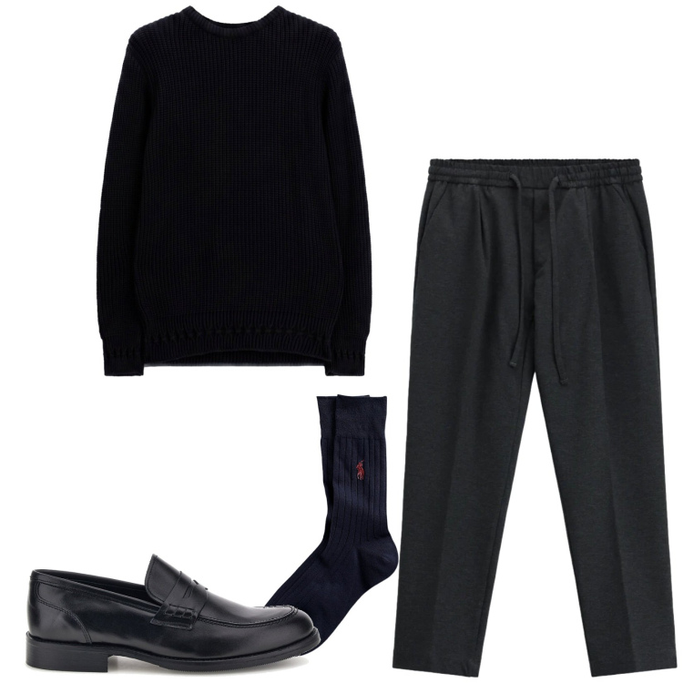 Outfit uomo - Cena informale. Stile Business/Elegante per Serata speciale. Abbinamento con pantaloni, maglieria, calzini, scarpe stringate.