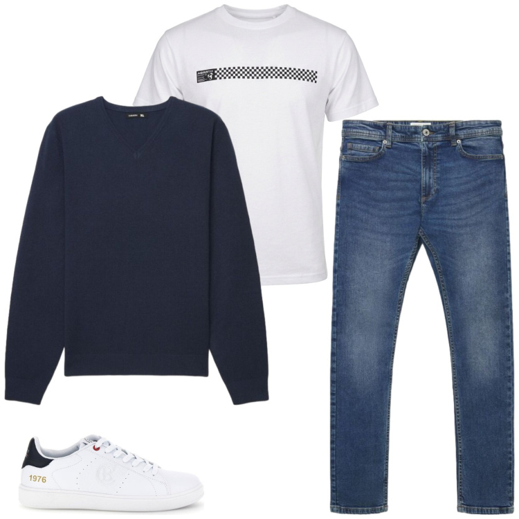 Outfit uomo - Total look #2484921. Stile Casual per Ufficio. Abbinamento con maglieria, jeans skinny, sneakers, t-shirt.